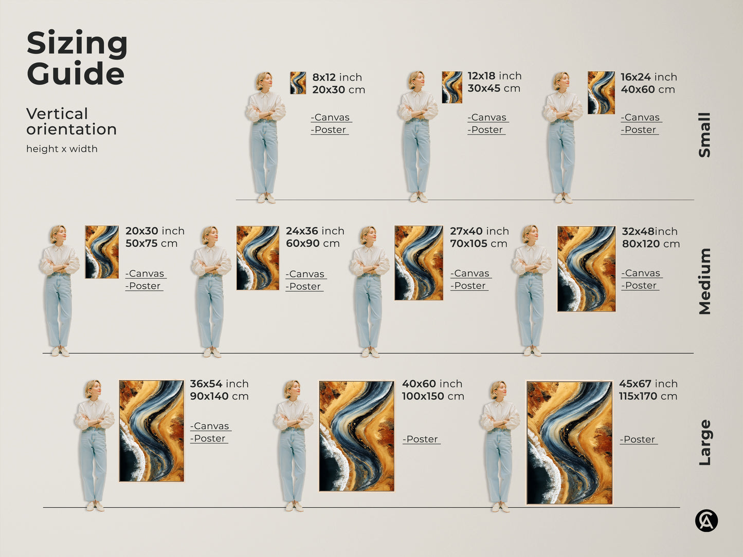 Sizing guide for vertical orientation of deep blue and sandy beige abstract artwork. Canvas and poster print options available. Choose from small medium and large sizes. Select the perfect ocean wave wall art for your space.