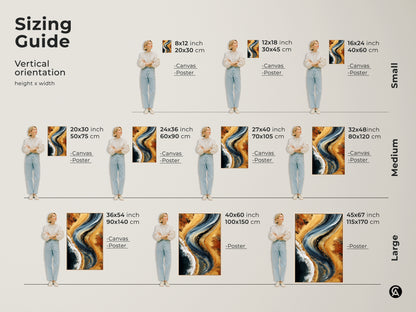 Sizing guide for vertical orientation of deep blue and sandy beige abstract artwork. Canvas and poster print options available. Choose from small medium and large sizes. Select the perfect ocean wave wall art for your space.