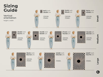 This sizing guide shows vertical orientations for abstract geometric art. Sizes range from small to large. Options include both canvas and poster prints. Each size is shown with a model for scale. This black and white minimalist artwork fits various spaces. Perfect for creating a striking entry hall art piece.