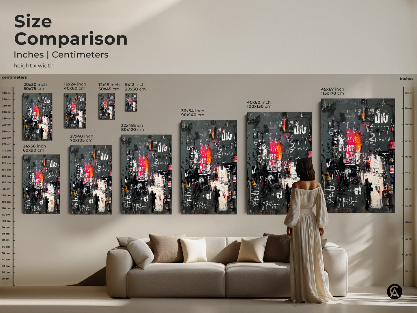Size comparison of abstract urban collage art. See how different sizes fit in a living room. Various dimensions are available in inches and centimeters. Find the perfect statement piece for your home today.