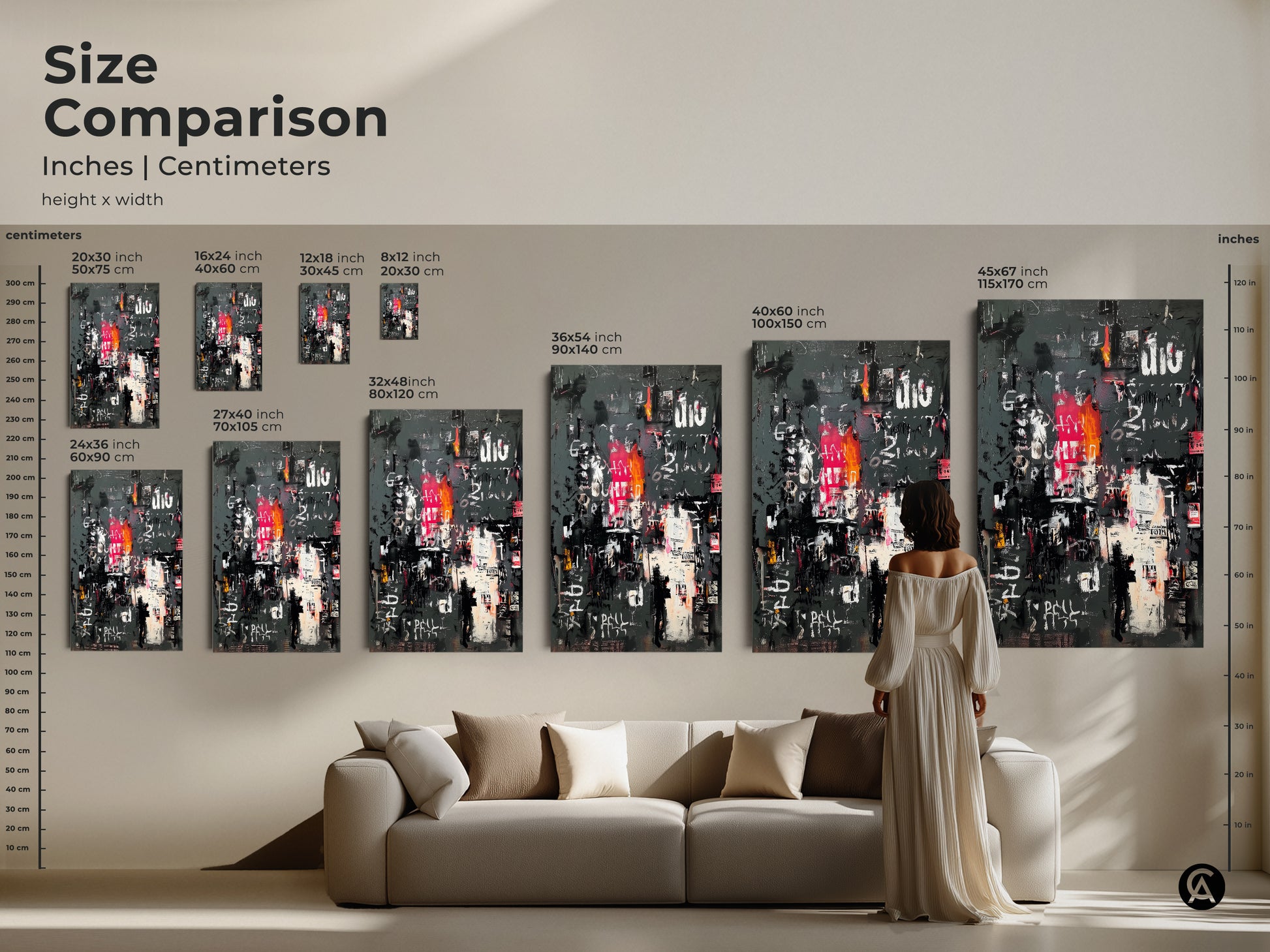 Size comparison of abstract urban collage art. See how different sizes fit in a living room. Various dimensions are available in inches and centimeters. Find the perfect statement piece for your home today.