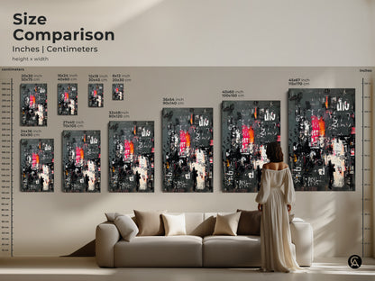 Size comparison of abstract urban collage art. See how different sizes fit in a living room. Various dimensions are available in inches and centimeters. Find the perfect statement piece for your home today.
