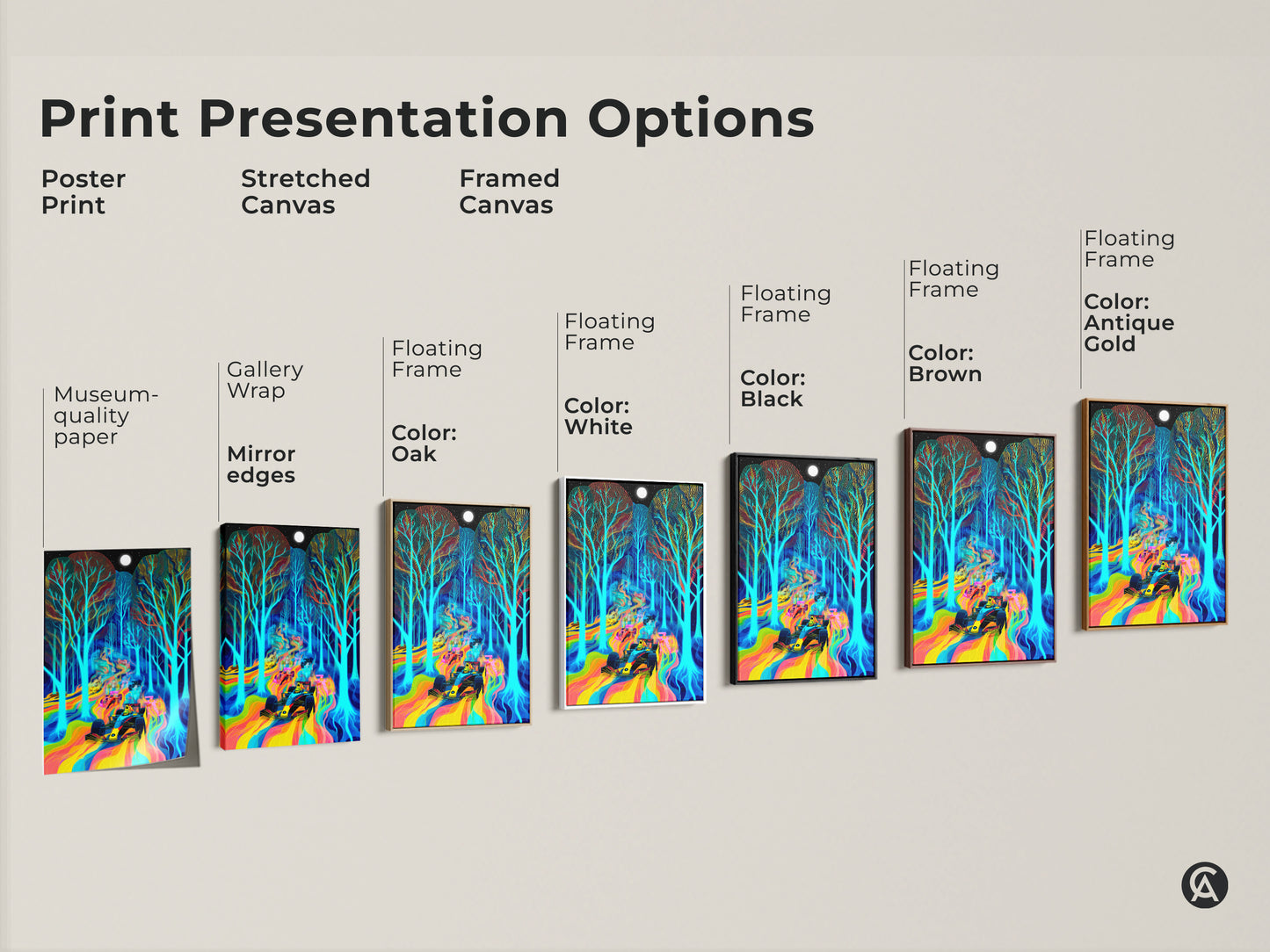 Print presentation options featuring neon rainbow Formula 1 car art. Options include poster prints stretched canvas & framed canvas. Various frame colors are available for this psychedelic forest landscape.