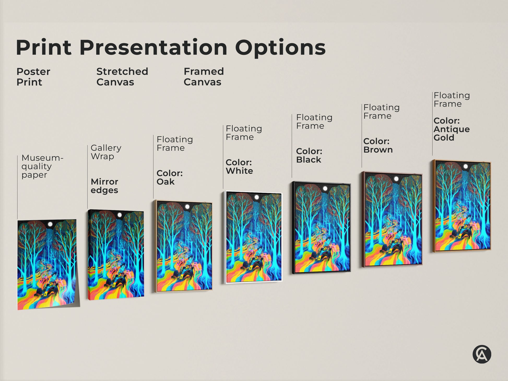 Print presentation options featuring neon rainbow Formula 1 car art. Options include poster prints stretched canvas & framed canvas. Various frame colors are available for this psychedelic forest landscape.
