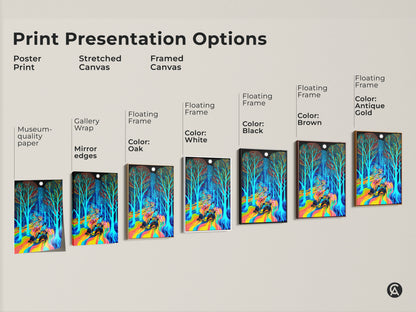 Print presentation options featuring neon rainbow Formula 1 car art. Options include poster prints stretched canvas & framed canvas. Various frame colors are available for this psychedelic forest landscape.