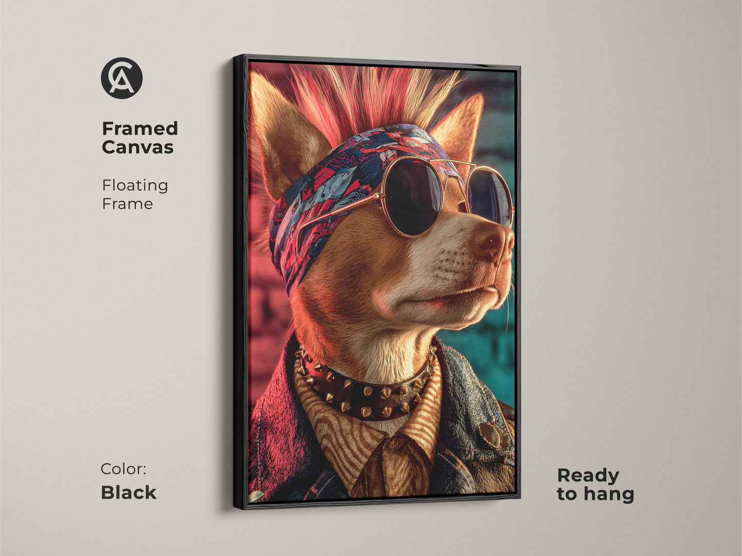 Framed canvas of a mohawk dog art print. Floating frame in black with a ready to hang feature. The dog wears sunglasses and a spiked collar. This punk rock style artwork is unique. It is perfect for eclectic home decor. It is a great gift for dog and music fans. This art adds personality to any room.