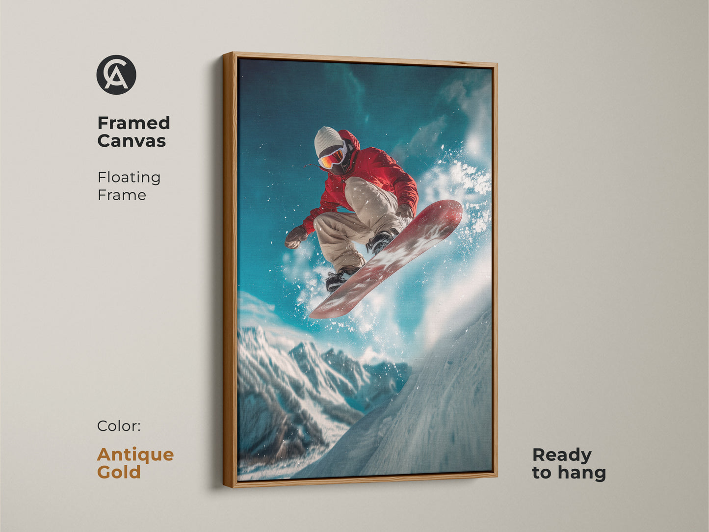 This framed canvas artwork features a snowboarder mid-jump. The antique gold floating frame adds a touch of sophistication. This ready-to-hang print is perfect for sports fans. Elevate your home decor with this unique art piece. The antique gold frame adds elegance