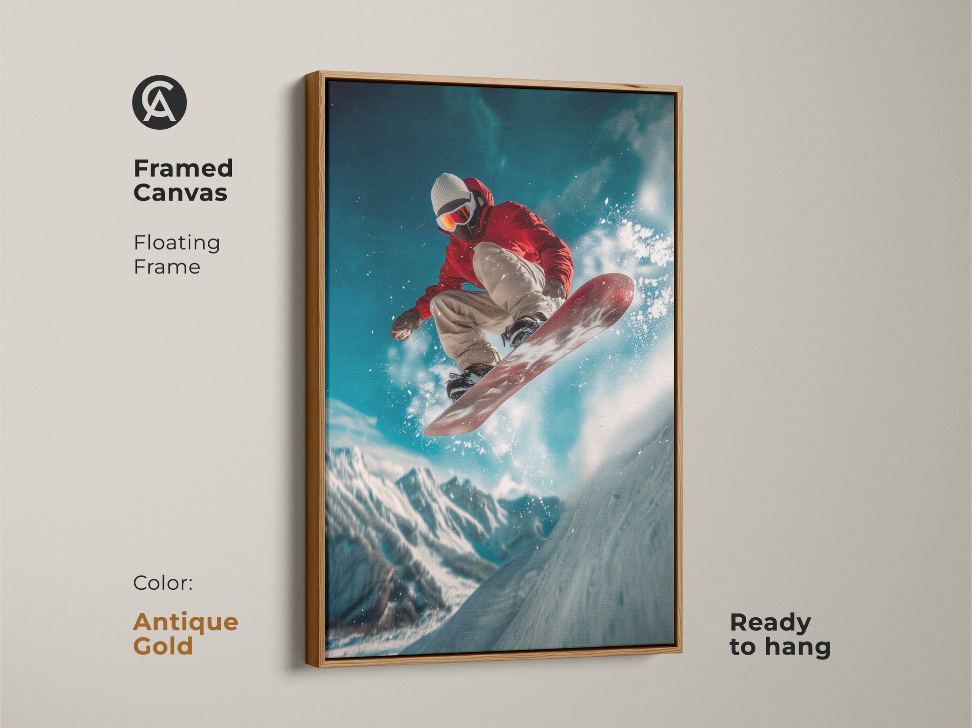 This framed canvas artwork features a snowboarder mid-jump. The antique gold floating frame adds a touch of sophistication. This ready-to-hang print is perfect for sports fans. Elevate your home decor with this unique art piece. The antique gold frame adds elegance