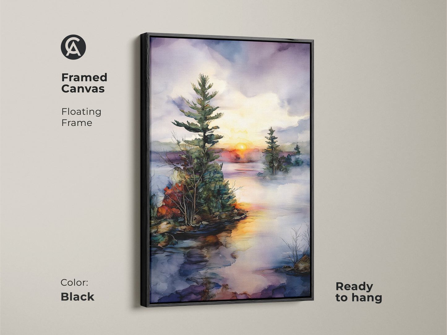 Black framed canvas art of a watercolor pine tree on a misty lake at sunset. A rustic landscape print perfect for bedroom wall decor. This nature inspired artwork is ready to hang.