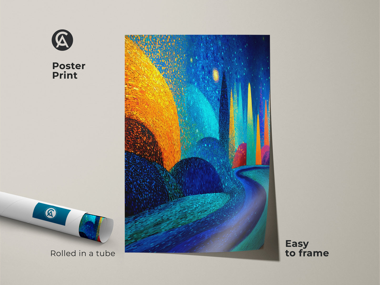 A poster print of a fantasy forest art print. This teal accent artwork is easy to frame. Rolled in a tube this abstract landscape wall art is the perfect art lovers birthday gift. Modern eclectic art.