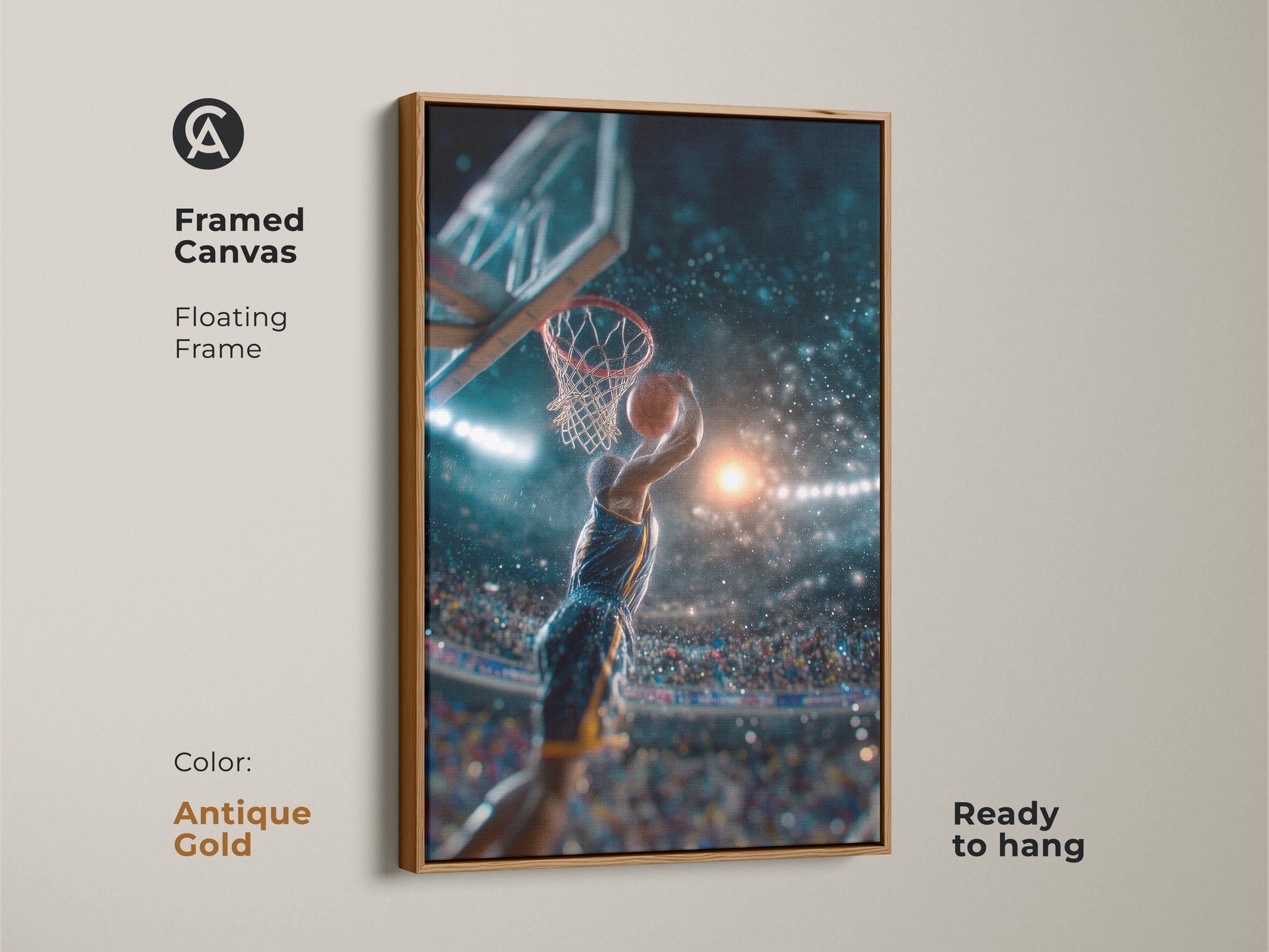 Basketball player soars for a dunk in this captivating sports art print. The artwork captures the intensity of the game. Framed in an antique gold finish it adds elegance to any room. A slam dunk for sports fans and art collectors alike. Elevate your space with this dynamic piece.
