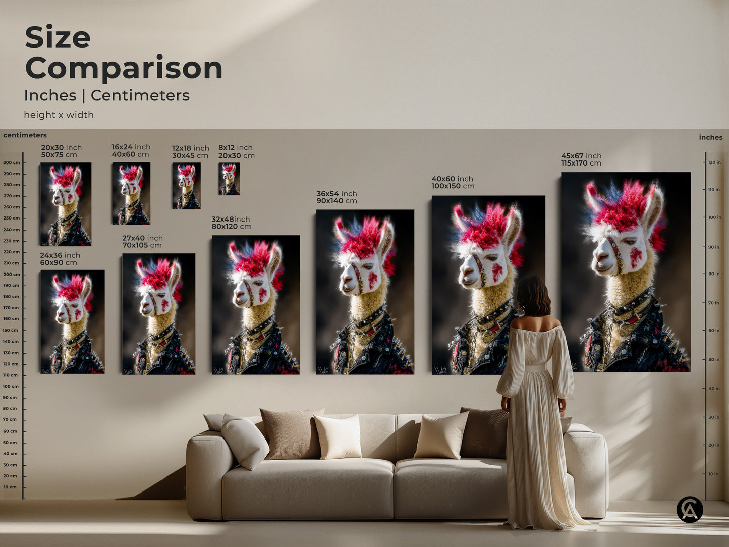 Size comparison image for a Punk Llama art print and canvas. Multiple sizes are displayed to provide a visual comparison. Find the perfect fit for your wall and enhance your alternative wall art collection.