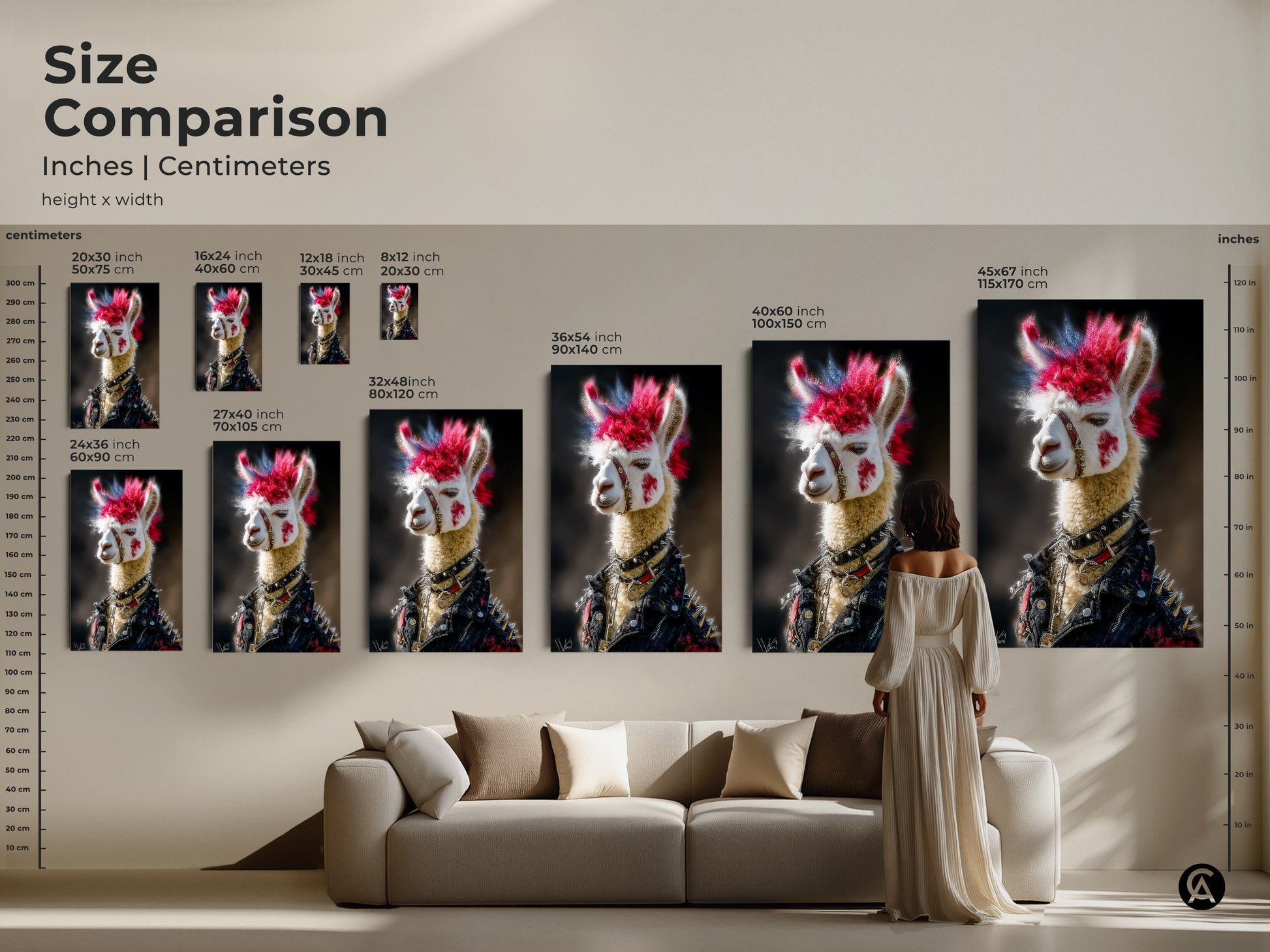 Size comparison image for a Punk Llama art print and canvas. Multiple sizes are displayed to provide a visual comparison. Find the perfect fit for your wall and enhance your alternative wall art collection.