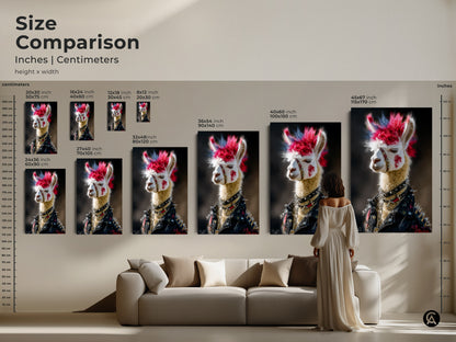 Size comparison image for a Punk Llama art print and canvas. Multiple sizes are displayed to provide a visual comparison. Find the perfect fit for your wall and enhance your alternative wall art collection.