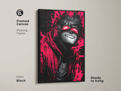Enhance your wall decor with this framed canvas art. It features an anime character with glowing red eyes in a black floating frame. The artwork arrives ready to hang adding a modern touch to any room. Shop now.