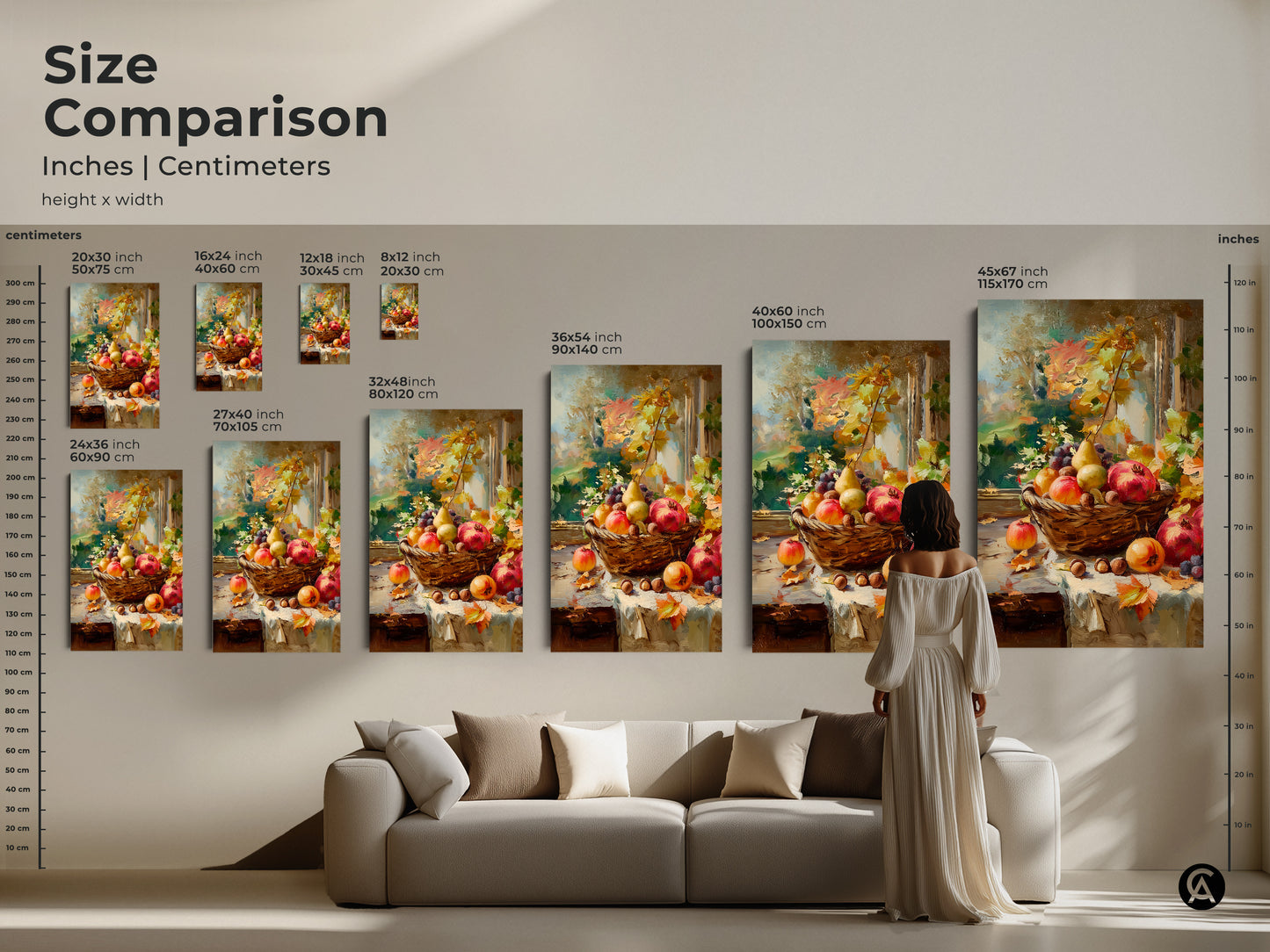 Size comparison of a still life artwork featuring autumn fruits in various sizes. See how the artwork looks in different dimensions. Choose from a range of sizes to perfectly complement your living room or office space.