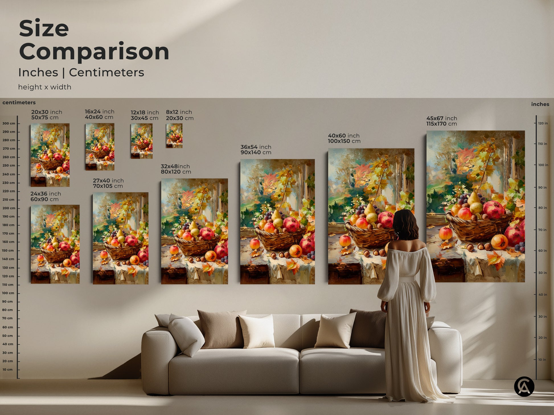 Size comparison of a still life artwork featuring autumn fruits in various sizes. See how the artwork looks in different dimensions. Choose from a range of sizes to perfectly complement your living room or office space.
