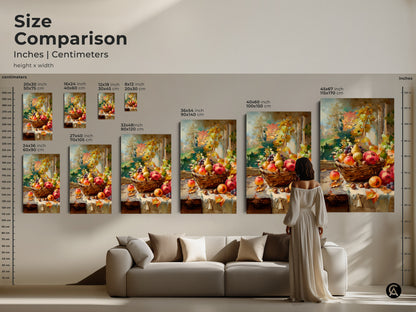 Size comparison of a still life artwork featuring autumn fruits in various sizes. See how the artwork looks in different dimensions. Choose from a range of sizes to perfectly complement your living room or office space.