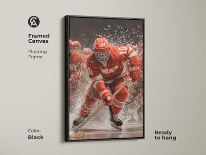 Framed canvas featuring a dynamic hockey player artwork in a black floating frame. The red and white sports art brings the game's action to any space. Ready to hang this piece is perfect for a man cave. A great gift for any sports enthusiast.