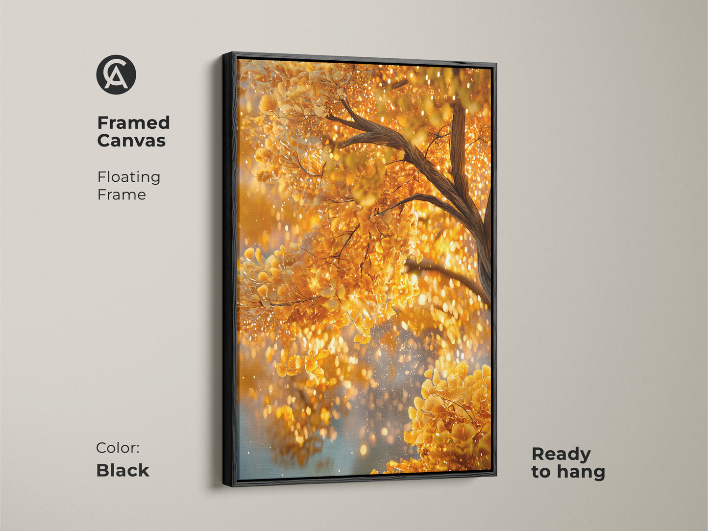 Framed canvas of a golden tree with a black floating frame. The contrast enhances the artwork's beauty. The shimmering golden leaves create a captivating display. The framed art is ready to hang and enjoy.