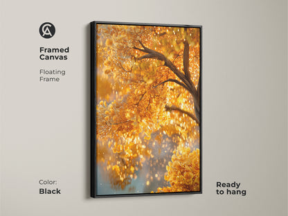Framed canvas of a golden tree with a black floating frame. The contrast enhances the artwork's beauty. The shimmering golden leaves create a captivating display. The framed art is ready to hang and enjoy.