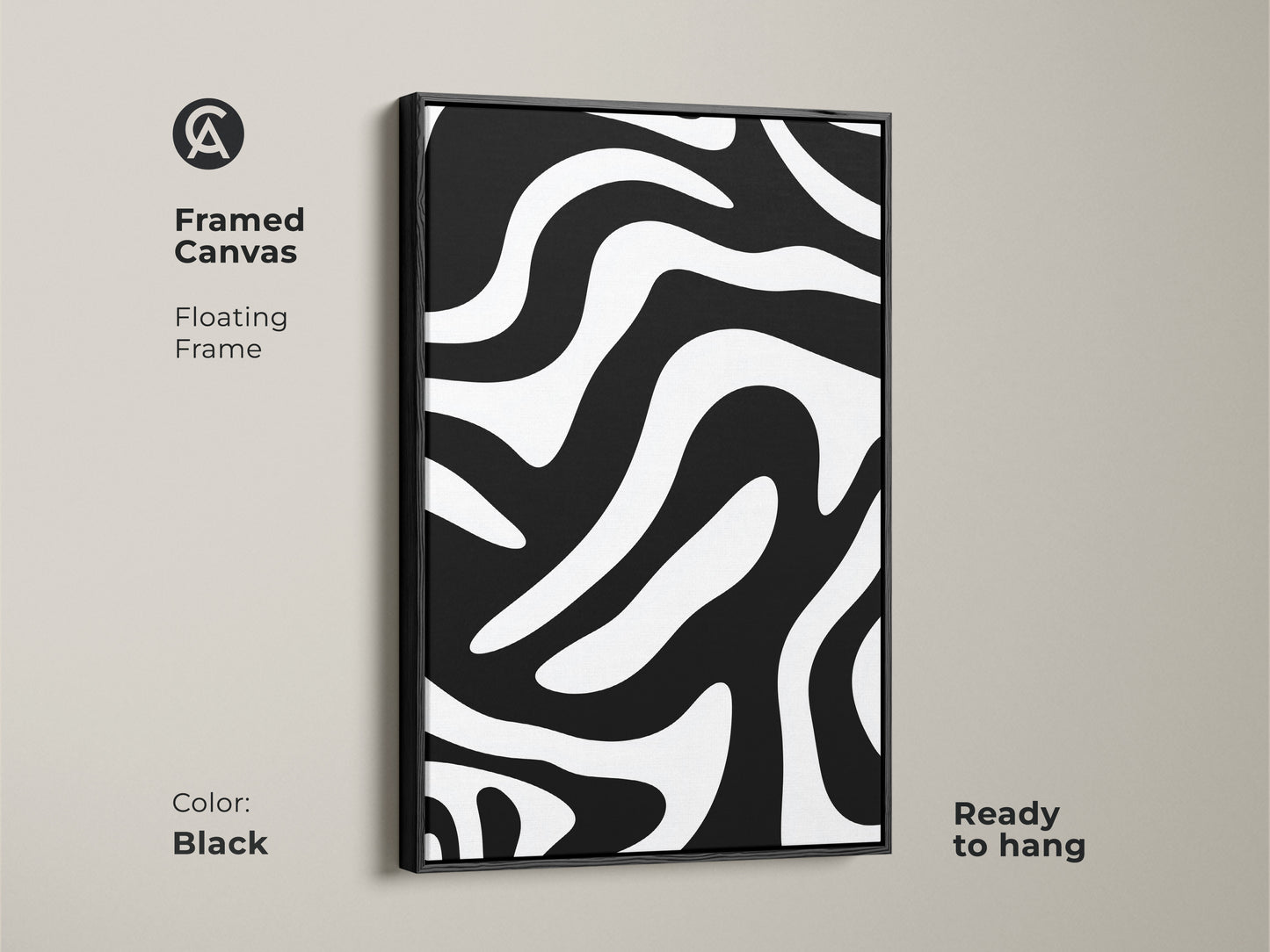 Framed canvas with a floating frame presents a minimalist black and white zebra artwork. This modern abstract art is ready to hang. It provides a contemporary touch to living spaces.