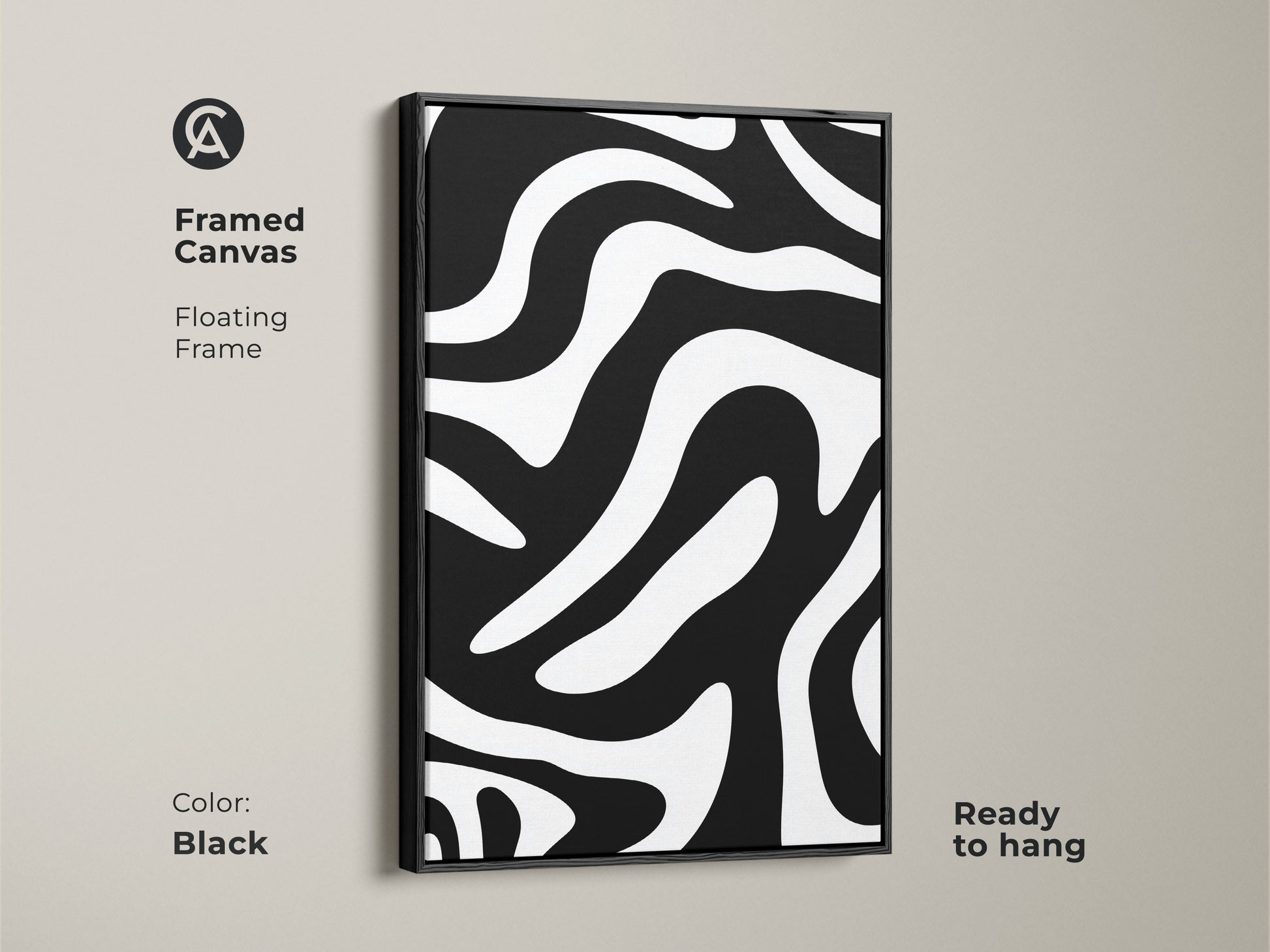 Framed canvas with a floating frame presents a minimalist black and white zebra artwork. This modern abstract art is ready to hang. It provides a contemporary touch to living spaces.