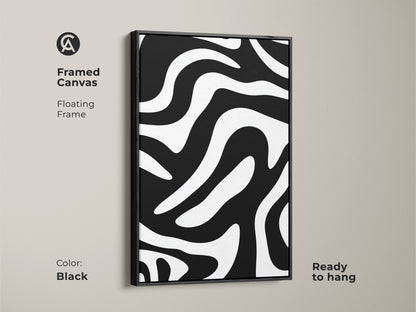 Framed canvas with a floating frame presents a minimalist black and white zebra artwork. This modern abstract art is ready to hang. It provides a contemporary touch to living spaces.