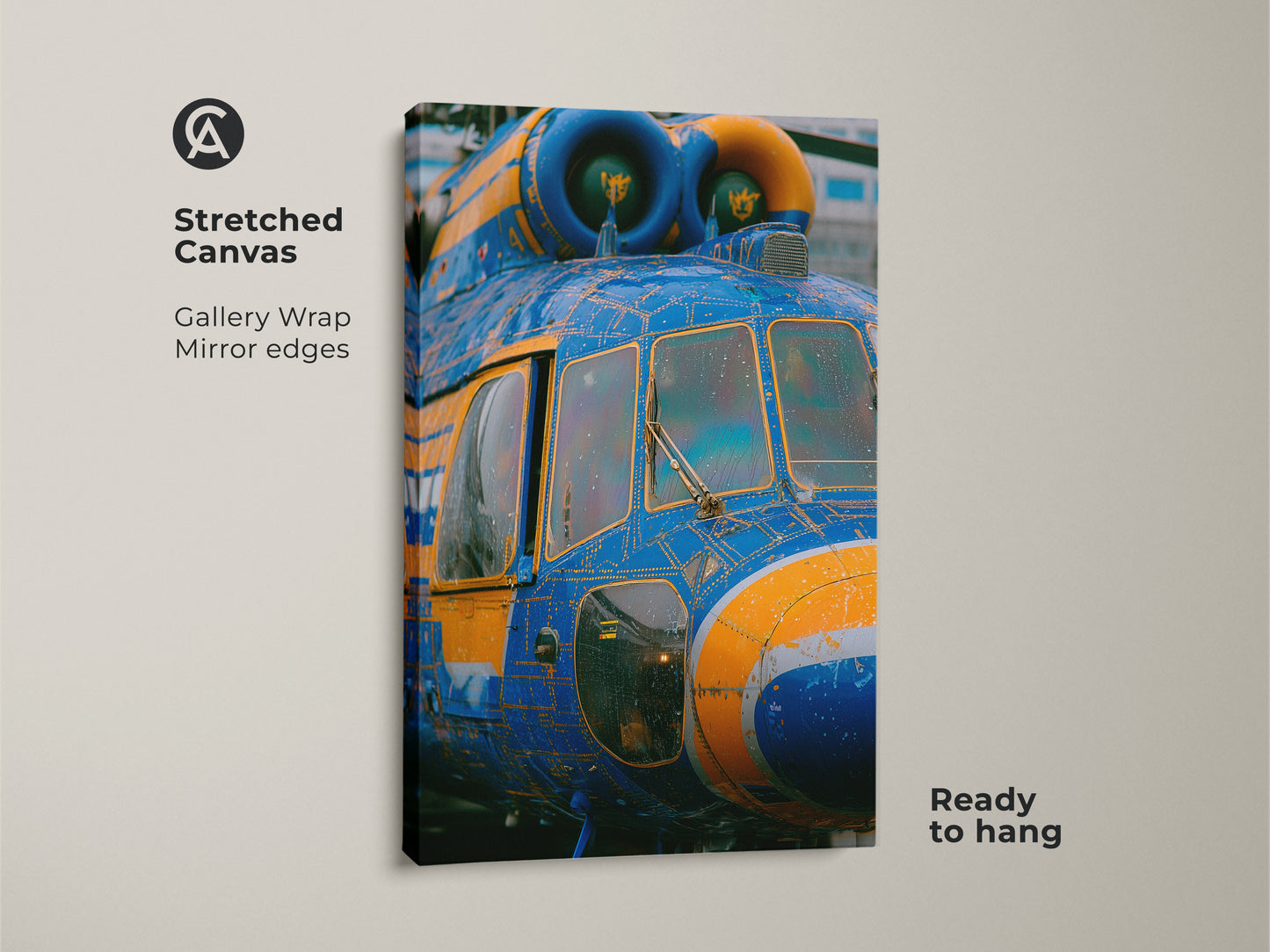 Stretched canvas artwork featuring a blue and yellow helicopter. The gallery wrap has mirror edges. This unique piece of art is ready to hang. The helicopter artwork is printed on a stretched canvas.