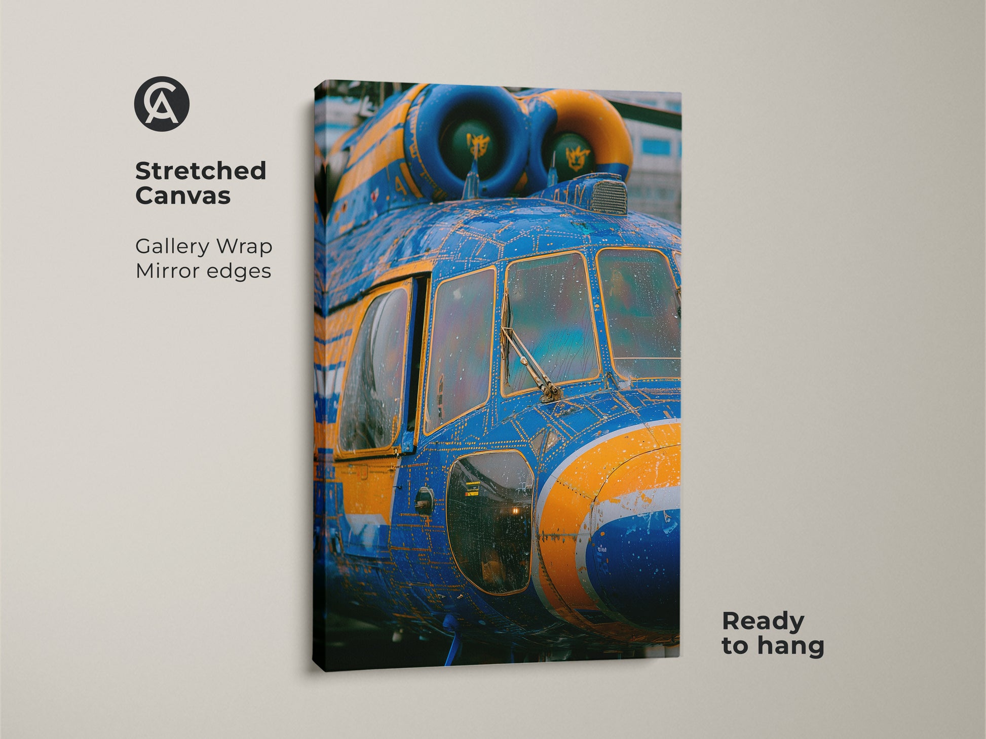 Stretched canvas artwork featuring a blue and yellow helicopter. The gallery wrap has mirror edges. This unique piece of art is ready to hang. The helicopter artwork is printed on a stretched canvas.