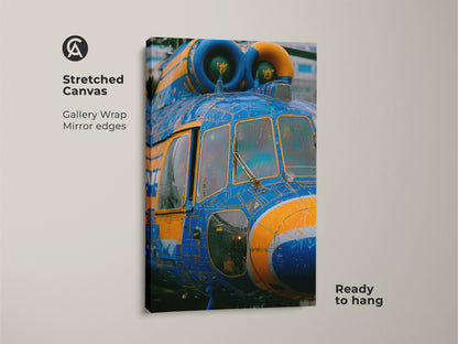 Stretched canvas artwork featuring a blue and yellow helicopter. The gallery wrap has mirror edges. This unique piece of art is ready to hang. The helicopter artwork is printed on a stretched canvas.