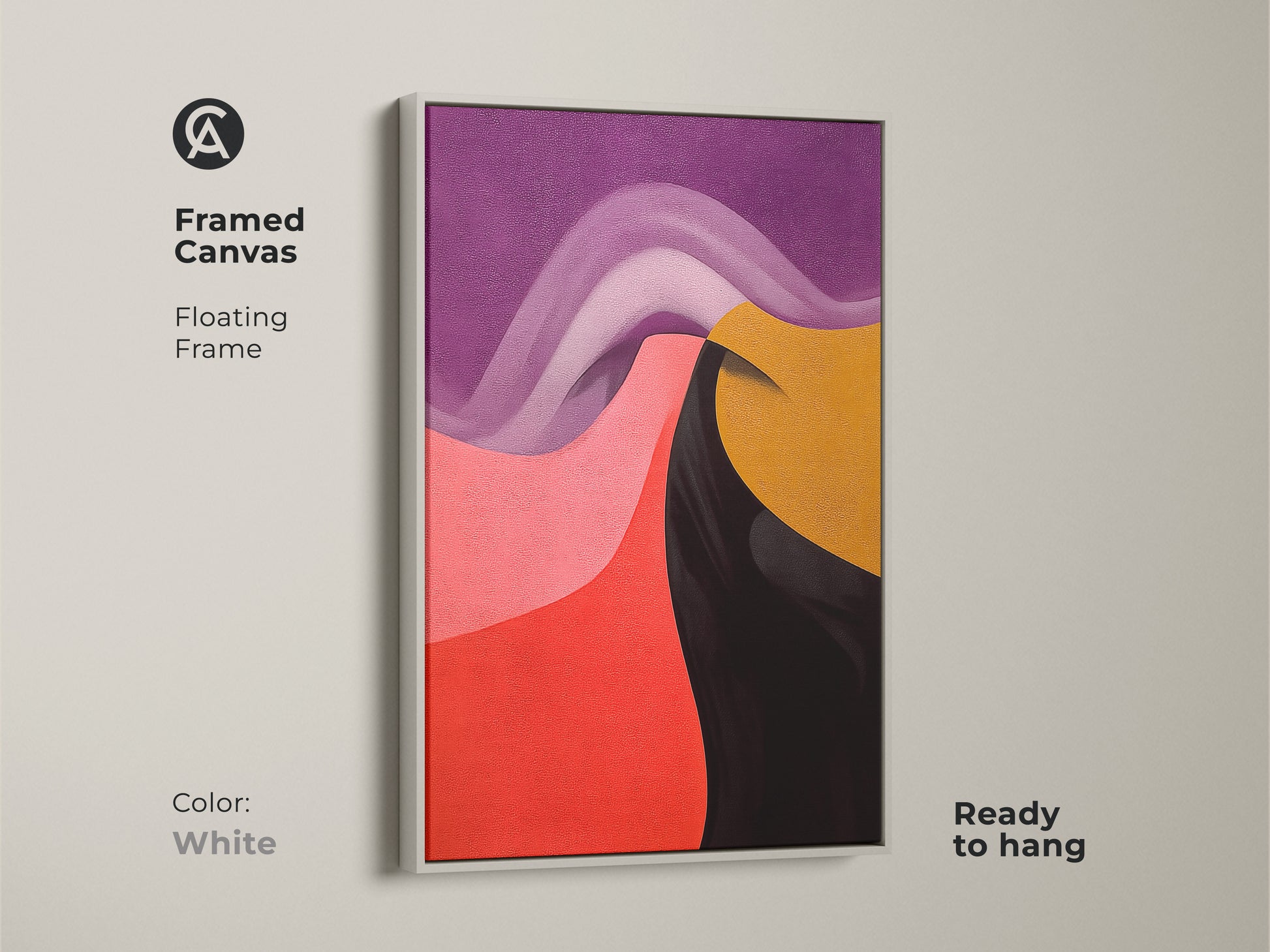 White framed canvas print with a floating frame showcasing modern art. Abstract geometric design with swirls in purple pink red and gold adds color. Its ready to hang abstract art.