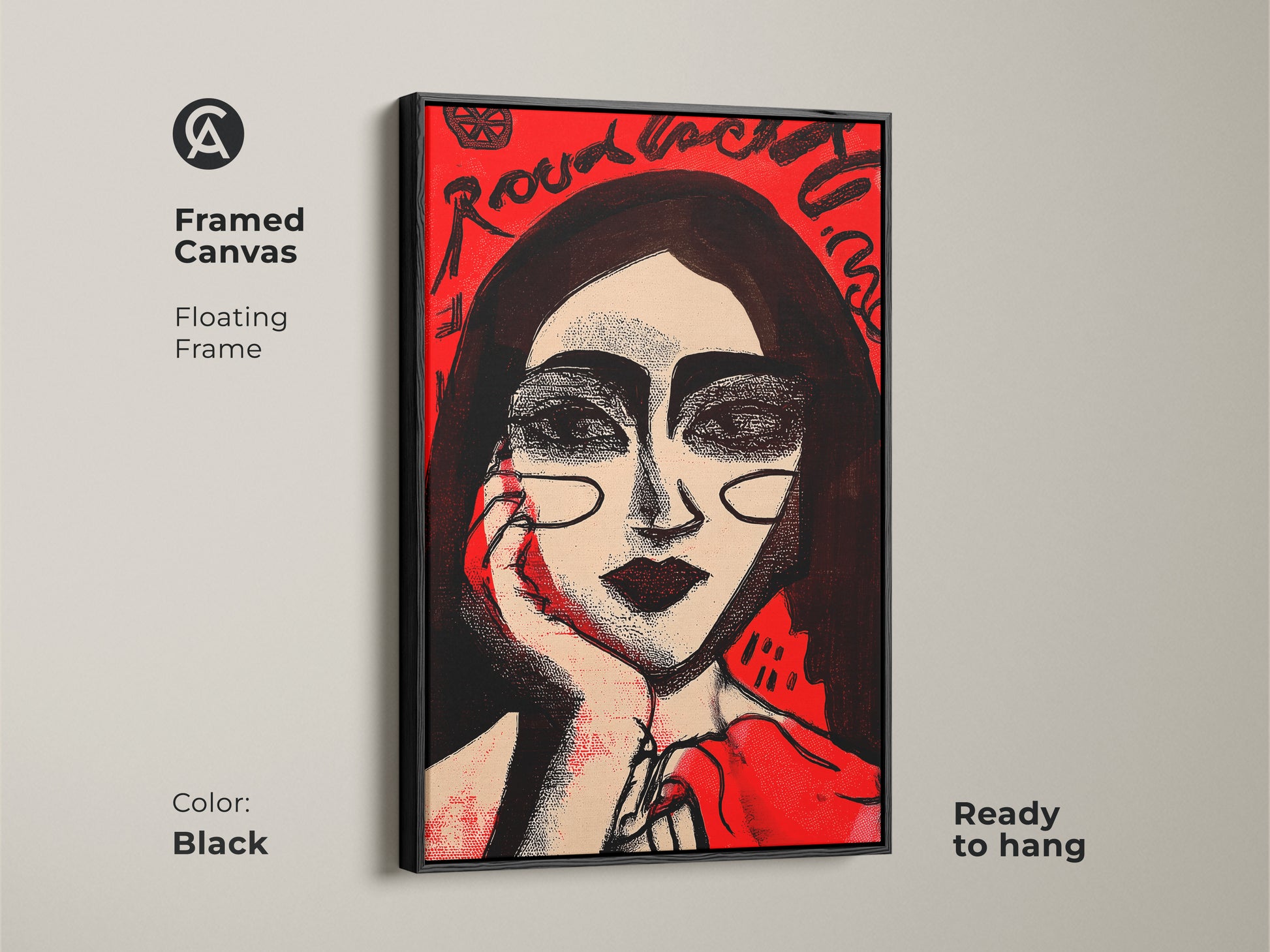 Framed canvas art with a floating frame in black. This modern portrait of a woman is ready to hang. The red and black ink artwork adds a bold statement to your wall decor. Perfect for contemporary art lovers.