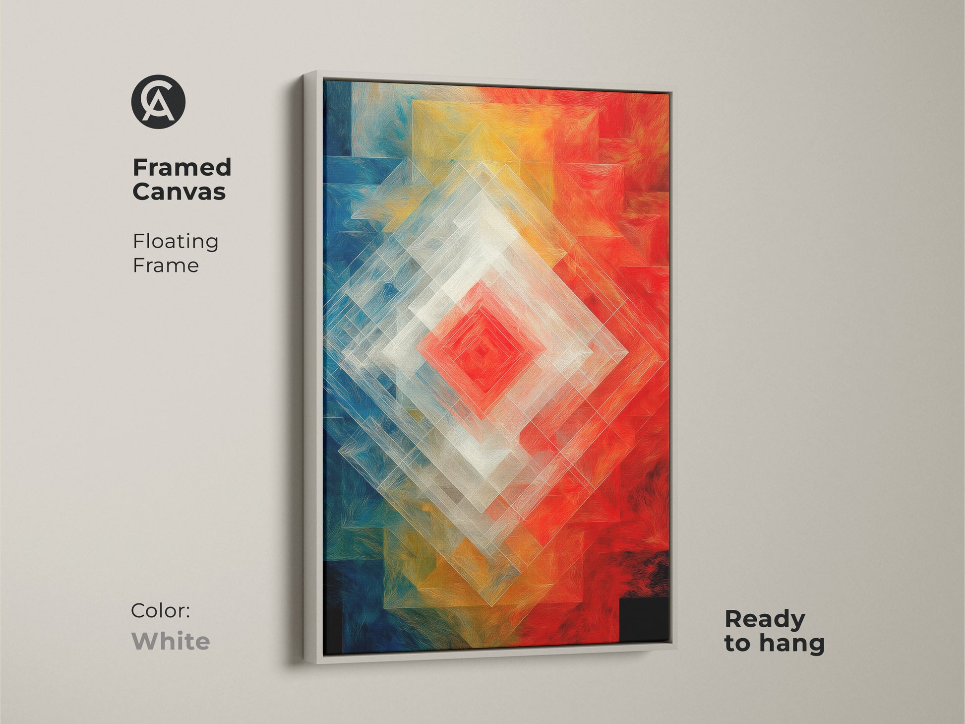 Framed canvas featuring Geometric Abstract Wall Art. The floating frame is white. Red blue and orange layered diamond shapes art. Modern artwork that is ready to hang. Contemporary geometric decor adds a modern touch to your space.
