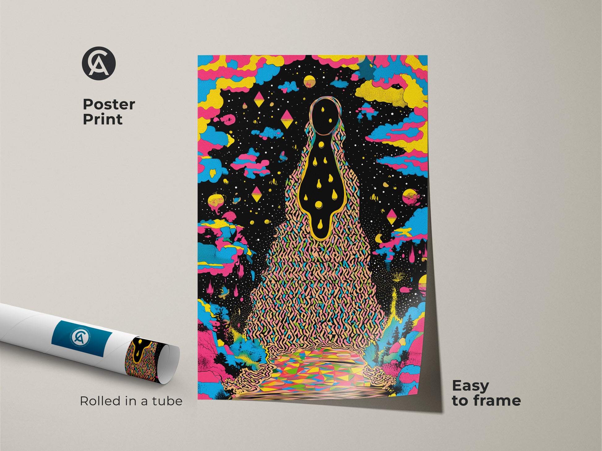 This poster print features abstract landscape art of surreal cosmic art.  The colorful figure art is rolled in a tube for easy framing. The psychedelic wall art adds a touch of eclectic home decor.  The vivid yellow blue and black canvas art makes a unique birthday gift for art enthusiasts.