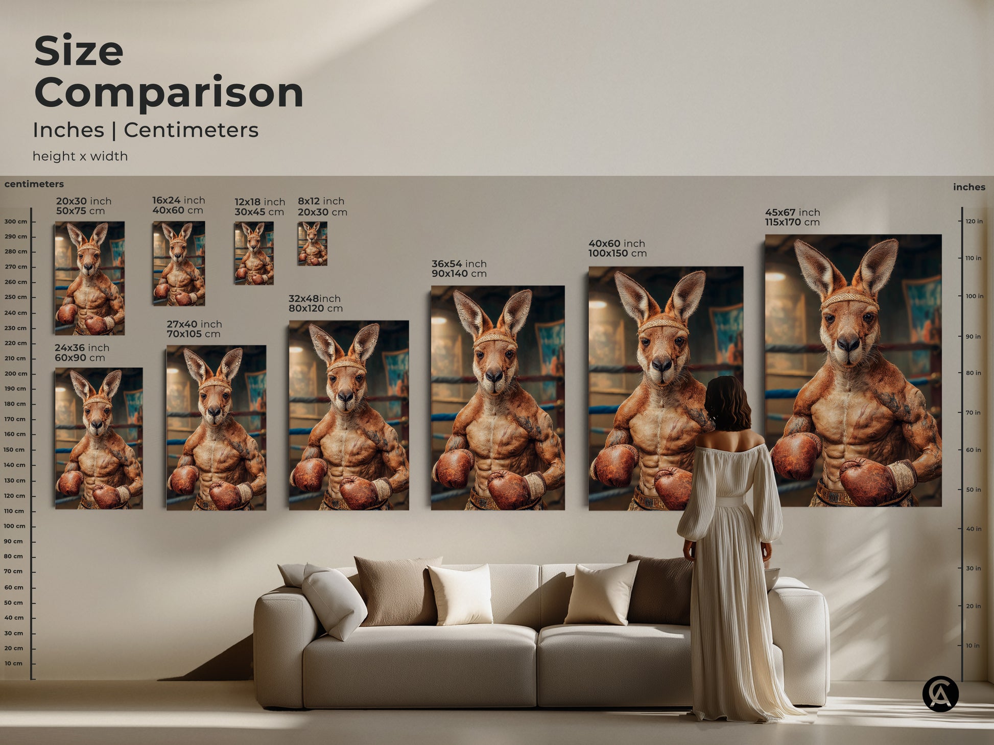 Size comparison of the kangaroo boxer art print. It shows inches and centimeters. Visualize how the artwork fits above a sofa. Available in sizes ranging from 16x24 to 45x67 inches. This artwork is great for any eclectic home decor.
