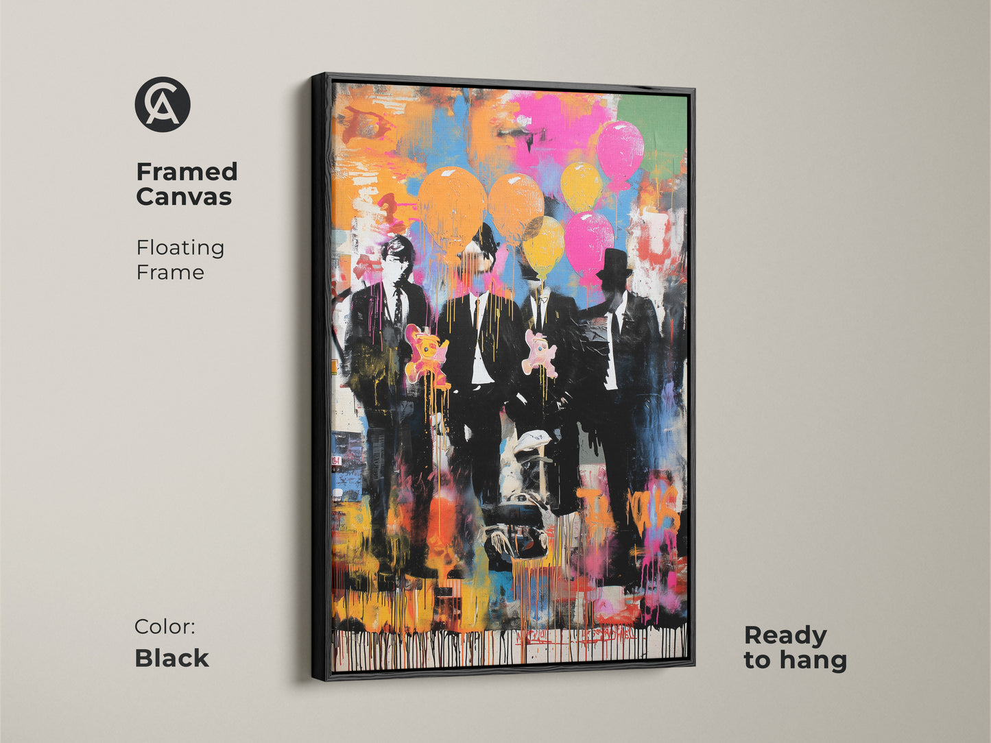 This framed canvas features graffiti style men in suits. The floating frame is black. It is ready to hang. This abstract balloon print adds pop culture to any wall. The eclectic art includes pink blue and orange hues. It's a unique wall hanging.