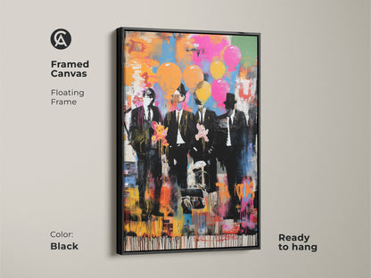 This framed canvas features graffiti style men in suits. The floating frame is black. It is ready to hang. This abstract balloon print adds pop culture to any wall. The eclectic art includes pink blue and orange hues. It's a unique wall hanging.