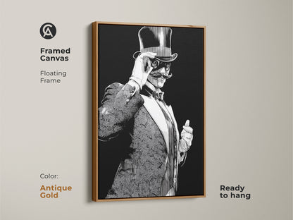 Antique gold framed canvas art. An art deco gentleman is printed in a black and white drawing. The vintage man with a top hat is ready to hang and will enhance any man cave or bar area.