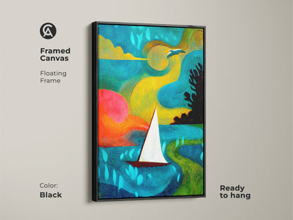 Framed canvas art showcasing an abstract sailboat. Teal yellow green adds a bohemian touch. The black floating frame is ready to hang for coastal home decor. Displaying the bird in flight artwork.