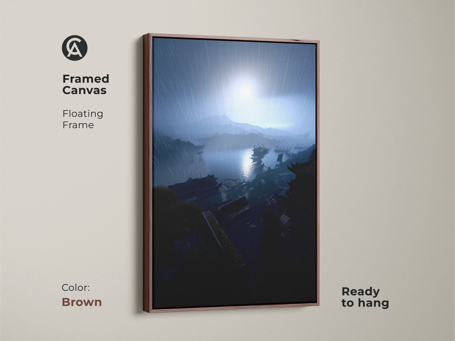 Framed canvas art showcases a rainy harbor landscape. This coastal cityscape print features a floating brown frame. The navy blue and gray artwork adds an artistic touch. This ready-to-hang piece enhances any wall. Perfect for nautical home decor and travel enthusiasts. It brings a unique eclectic style to your home.