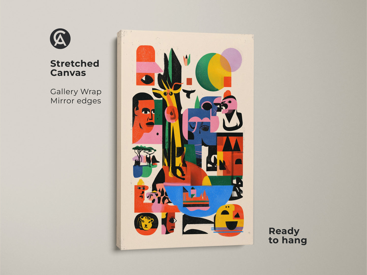 Explore this eclectic lion canvas art with ready to hang stretched canvas. This modern folk wildlife wall art features gallery wrap mirror edges. It's colorful animal wall decor for animal lovers. This unique abstract painting is vibrant wildlife artwork.