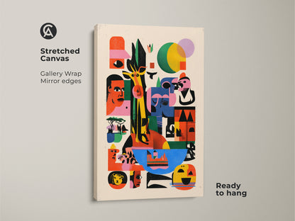 Explore this eclectic lion canvas art with ready to hang stretched canvas. This modern folk wildlife wall art features gallery wrap mirror edges. It's colorful animal wall decor for animal lovers. This unique abstract painting is vibrant wildlife artwork.