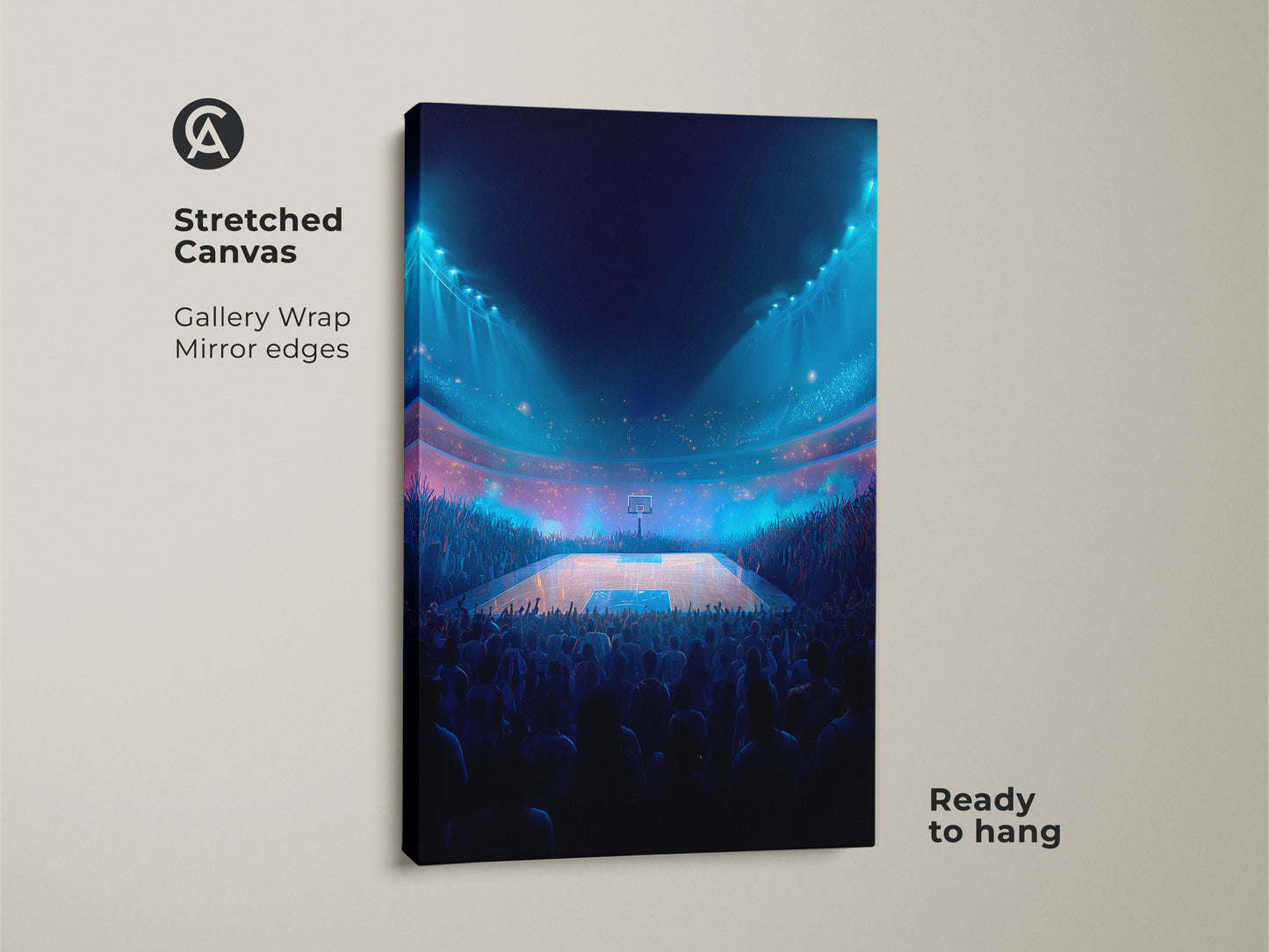 Stretched canvas gallery wrap artwork. The digital artwork features a basketball arena with mirror edges. Ready to hang and showcase your love for the game. The crowd is roaring. Add this unique canvas to your collection.