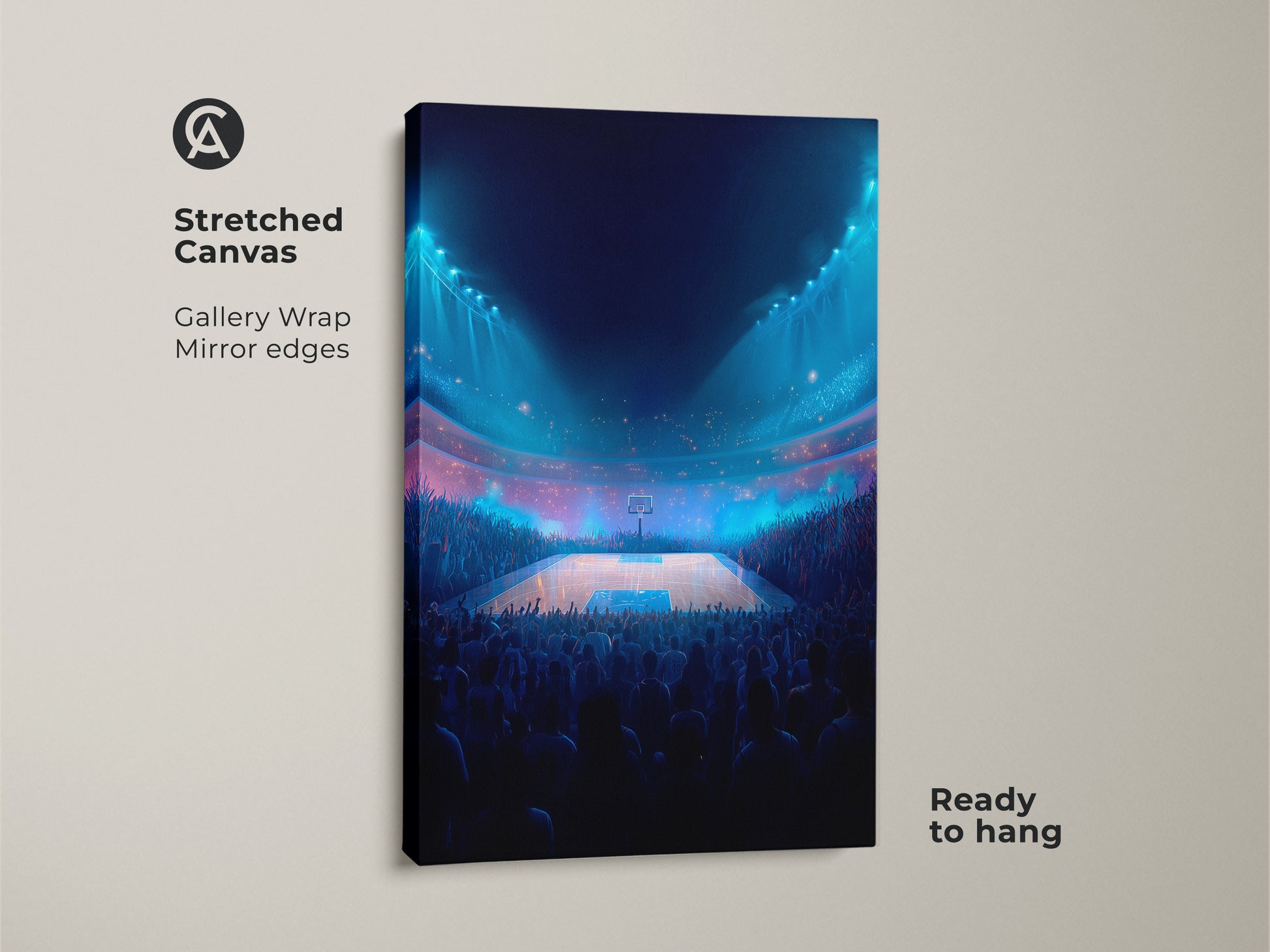 Stretched canvas gallery wrap artwork. The digital artwork features a basketball arena with mirror edges. Ready to hang and showcase your love for the game. The crowd is roaring. Add this unique canvas to your collection.