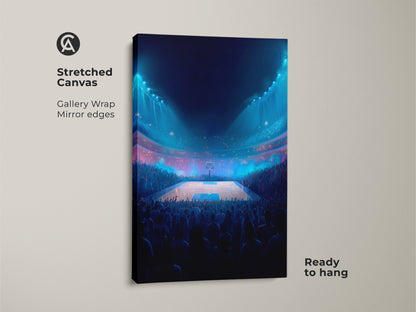 Stretched canvas gallery wrap artwork. The digital artwork features a basketball arena with mirror edges. Ready to hang and showcase your love for the game. The crowd is roaring. Add this unique canvas to your collection.