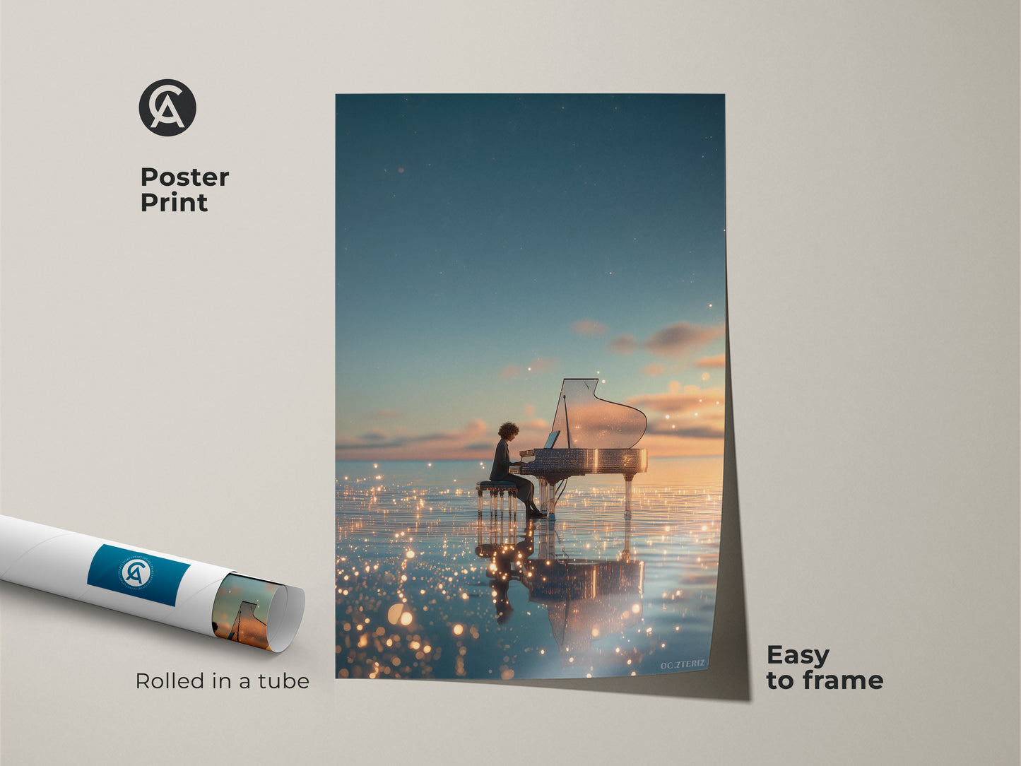 This poster print shows a surreal scene. A person is playing piano on water with a sunset backdrop. Rolled in a protective tube this poster is easy to frame and display in your home.