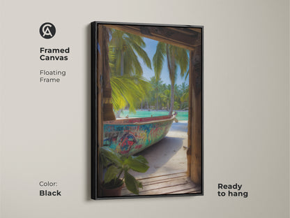 A framed canvas in black displays a graffiti boat painting. It has palm trees and aqua turquoise colors. Ready to hang this residential artwork for your living room.
