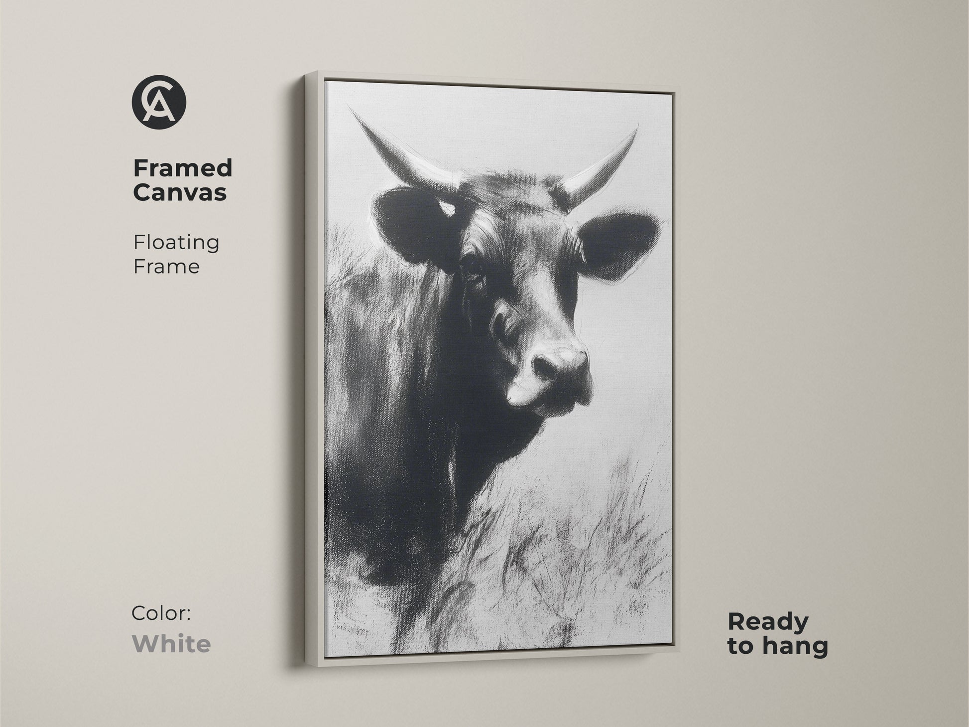 Framed canvas with a floating frame in white. Featuring black and white cow art. This rustic farmhouse wall decor is ready to hang. A minimalist cow portrait that complements any wall color.