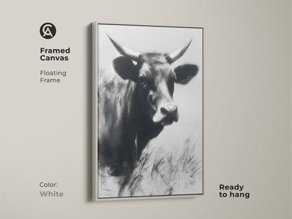 Framed canvas with a floating frame in white. Featuring black and white cow art. This rustic farmhouse wall decor is ready to hang. A minimalist cow portrait that complements any wall color.